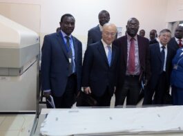 IAEA Director General Yukiya Amano visiting the cancer unit at Kenyatta National Hospital during his official visit to K