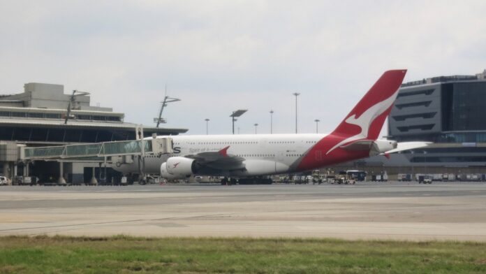 A Qantas A380 at OR Tambo International Airport
